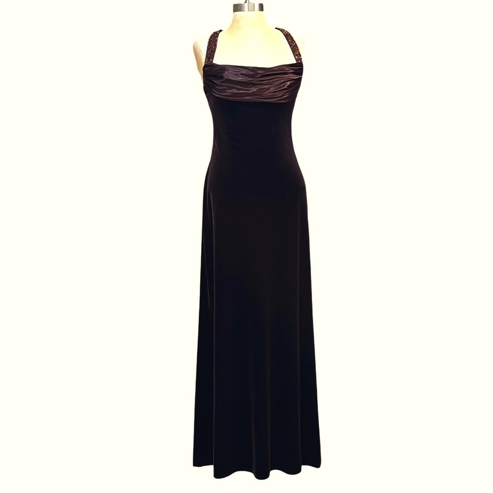 VTG 90s JS Boutique 8 Brown Velvet Satin Beaded Halter Formal Maxi Dress Wedding